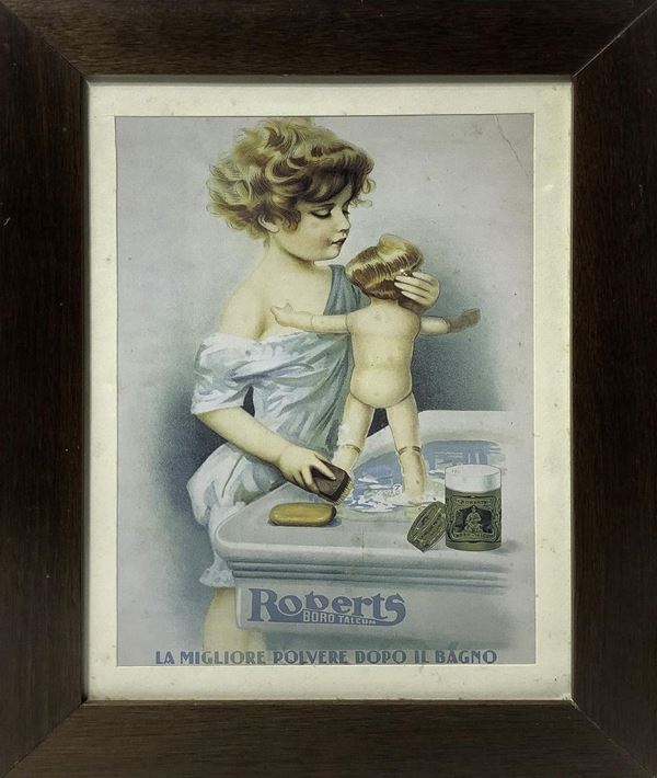 Stampa pubblicitaria della Roberts, raffigurante bambina con bambola, disegno di Gino Boccasile. In cornice cm 40x31, anni ‘50