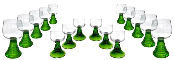 Set of 10 glasses of water and 6 in Bavaria liqueur glass, foot green. H 14 Cm, Cm from rosolio H 6.