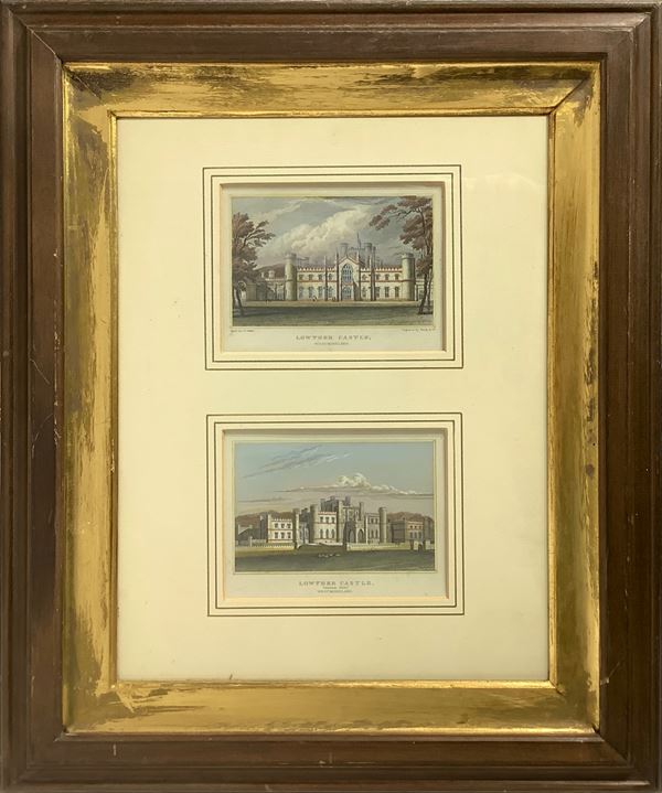 Pair of watercolored etchings depicting Lowther castle, from J.P Neale, engraved by Hardy. 11x14 cm, 50x41 cm in a single frame