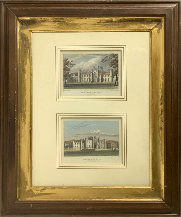 Pair of watercolour etchings depicting Lowther Castle