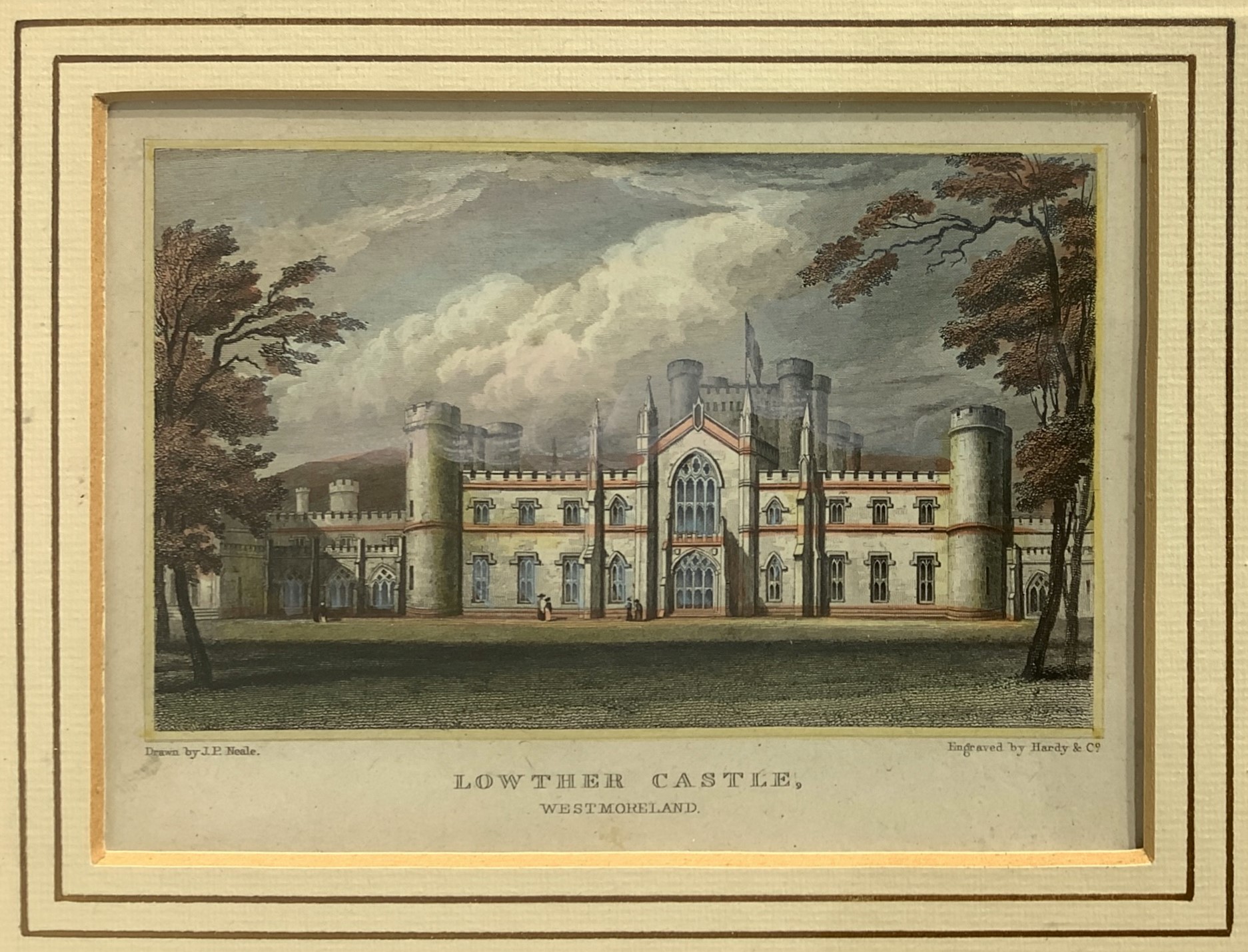 Coppia di Incisioni Acquarellate Raffiguranti Lowther Castle