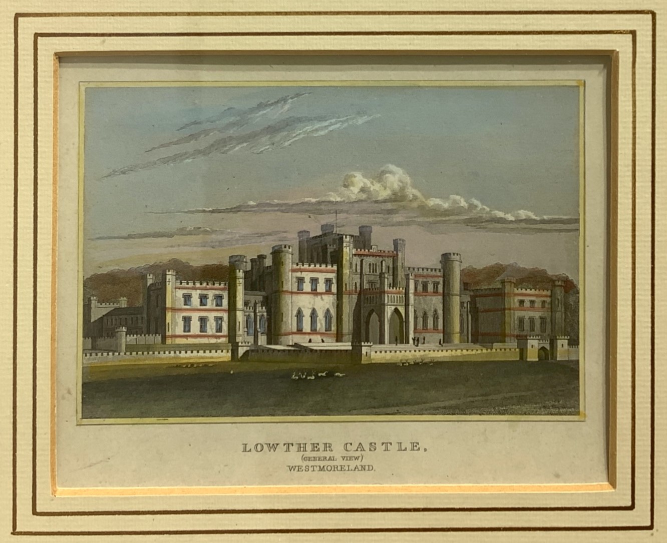 Coppia di Incisioni Acquarellate Raffiguranti Lowther Castle