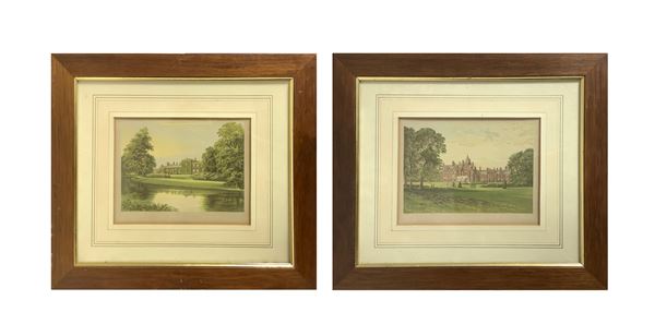 Pair of Etchings depicting Netherhall and Bagshot Park in 1870. 16x21 cm, in frame 35x41 cm