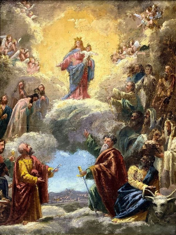Dipinto ad olio su tela raffigurante celebrazione della Madonna in Cielo tra gli Angeli e i Santi, Tommaso Andrea Lorenzone (Pancalieri, 1824 – Torino, 1902). Bozzetto della pala che sita sull’Altare maggiore della Chiesa Santa Maria Ausiliatrice di Torino. Cm 42x32. In cornice di legno scolpito dorato 58x46.