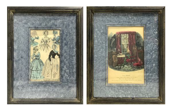 Pair of prints depicting women's fashion clothing and home of A. Guoux. 23X14 cm, in frame 38x30 cm