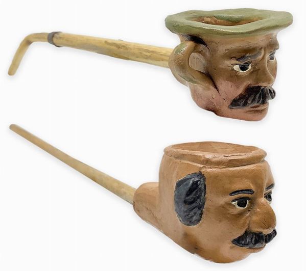Pair of pipes. 6 - "Compare Alfio" - Hand painted. Catania, Sicily. First half of 1900.
Pipa with stove and torch clay, reed and mouthpiece Bamboo
13 - "vase human figure" - Painted by hand. Catania, Sicily, Late '900 ..