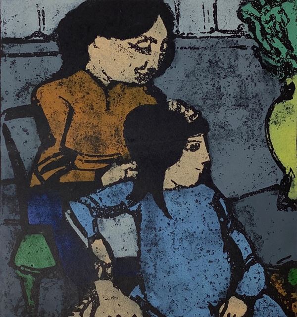 Acquaforte e acquatinta a colori raffigurante madre e figlia, 2/20, firmato in basso a destra Domenico Cantatore (Ruvo di Puglia 1906 - Parigi 1998). Mm 405x370