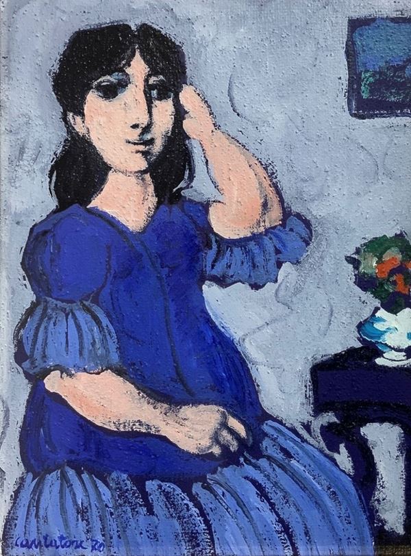 Vincenzo Cantatore (Bari, 22 febbraio 1971), Dipinto ad olio su tela raffigurante donna, firmato e datato in basso a sinistra Cantatore ’70. Sulla tela e sul telaio timbro Russo&Russo La Barcaccia Roma Cm 40x30, in cornice cm 79x60