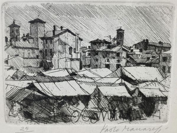 Etching engraving depicting market 1949, 25/50. Signed at the bottom right Paolo Manaresi (Bologna 1908-1991).
120x160 mm, in Frame 33x43 cm
