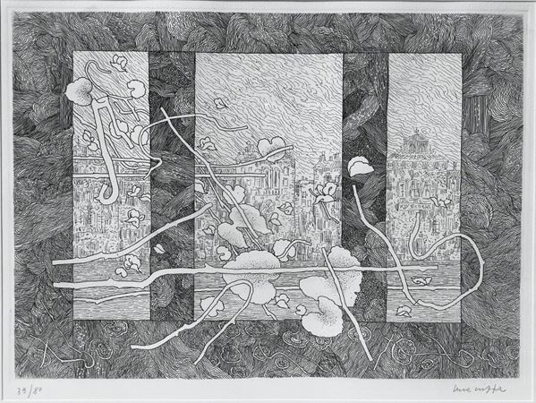 Incisione ad acquaforte raffigurante scorcio di cittÃ  all'interno di figure geometriche, 39/80. Firmato in basso a destra Luca M.
Mm 255 x 325, in ... 