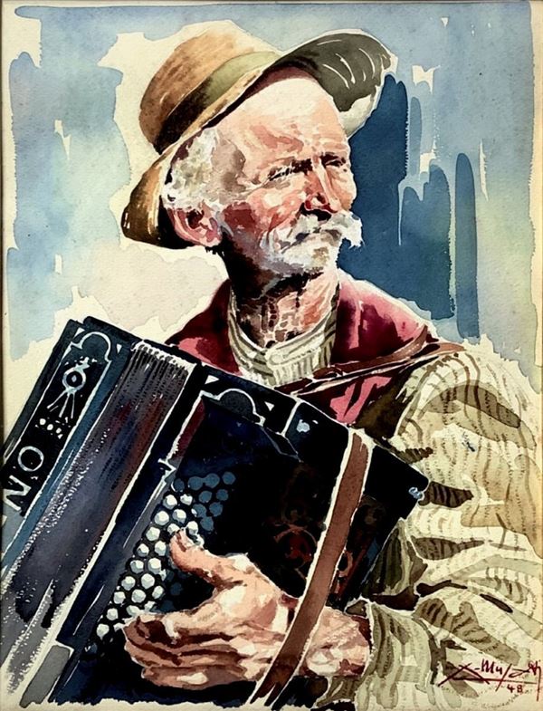 Watercolor painting on paper, depicting accordion player. Signed at the bottom right and dated â € ~48.
MM 440x335in frame 61x50 cm