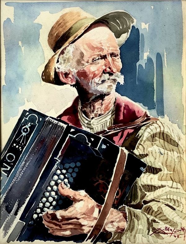 Dipinto ad acquerello su carta, raffigurante suonatore di fisarmonica. Firmato in basso a destra e datato â€˜48.
Mm 440x335in cornice cm 61x50