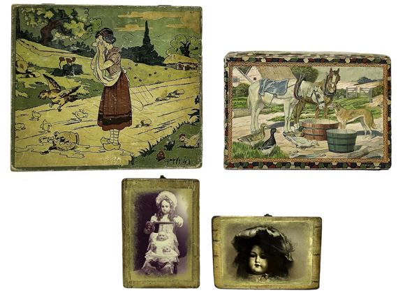 N. 2 squares depicting wooden dolls; 1 box depicting animals, 18X26 cm; 1 box depicting child with hens, 23x28 cm; Complete Original chromolithography, the end '800, Germany origin?