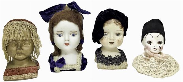 N. 4 pieces heads in biscuit porcelain and body in composite material: 1) Pierrot, h 12 cm; 2) Lady with black velvet hat, h 14 cm; 3) Lady with golden hair, h 13 cm; 4) Lady with blue bow, h 15 cm; 1950-55, Germany origin