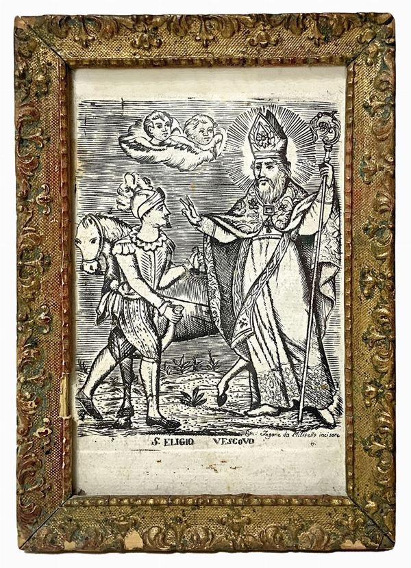 Incisione raffigurante S.Eligio Vescovo, Incisore Zagaria da Militello, XVIII secolo. Cm 17x11,5 (1)
