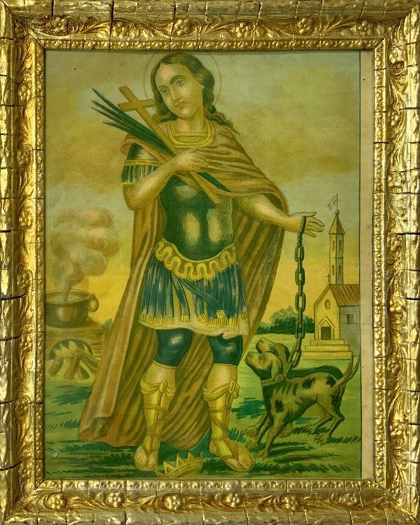Antica stampa raffigurante S. Vito con cani, XIX secolo. In cornice siciliana dorata a foglia con intagli di fiori e foglie. Cm 29x24(4)
