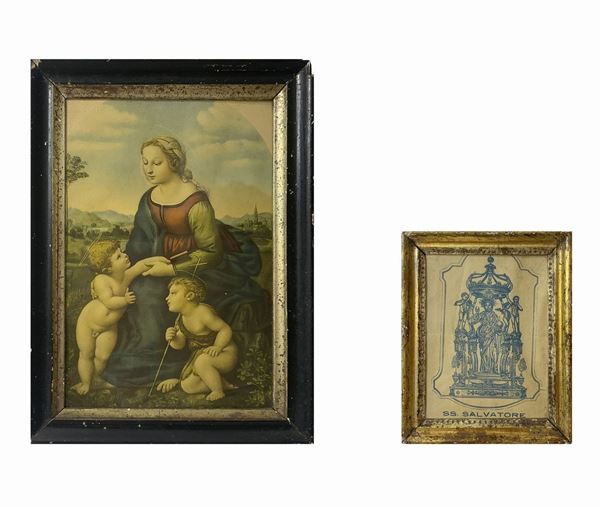 Coppia di stampe antiche raffiguranti Santissimo Salvatore e Madonna con Bambino e S.Giovannino, XIX secolo. In antiche cornici siciliane. Cm 28x20 e Cm 16x13 (5)