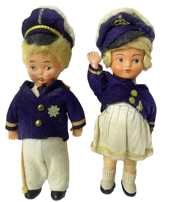 Coppia di bamboline in celluloide, marinai, anni '50-'60, h cm 16