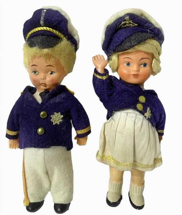 Pair of dolls in celluloid, sailors, 50s and 60s, h 16 cm